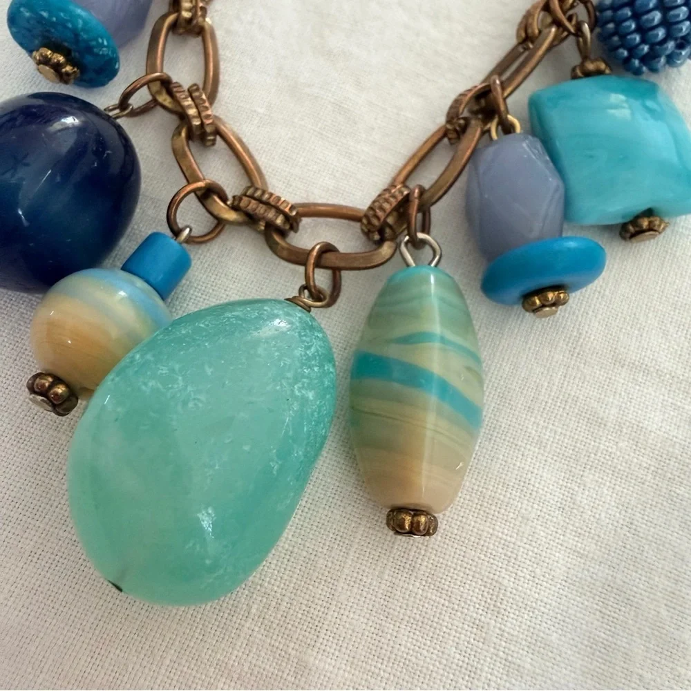 Boho Charm Bracelet Mixed Beads Antiqued Brass Chain Adjustable